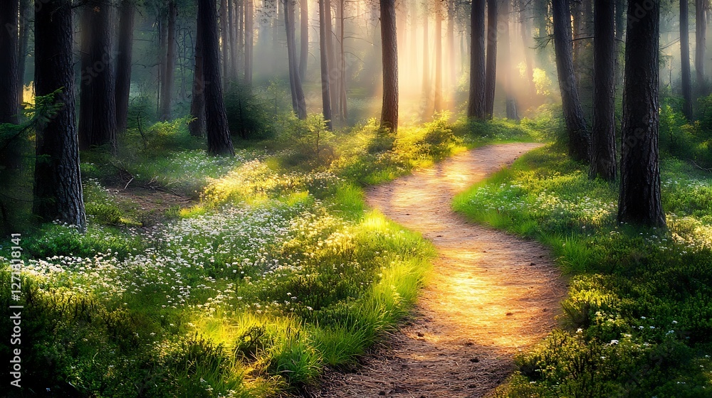 Naklejka premium Sunlit Forest Path Winding Through Blooming Meadows