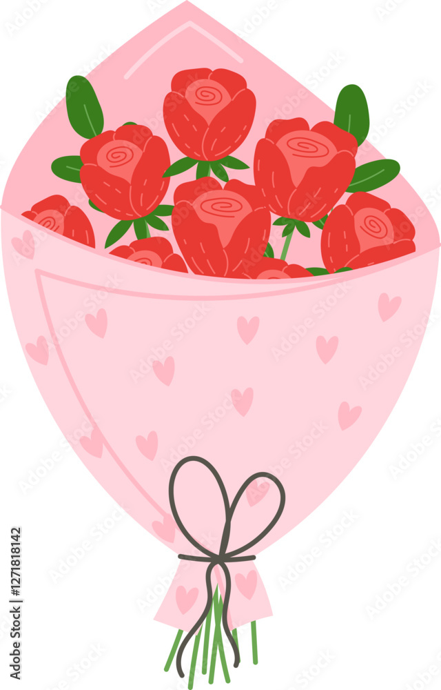 Romantic bouquet of red roses in a pink wrapping with hearts for Women's Day Romantic bouquet of red roses in a pink wrapping with hearts for Women's Day