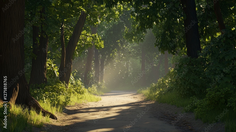Obraz premium Serene Forest Path, Sunlight Dappled Woodland, Enchanting Forest Vista