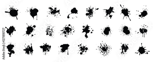 Ink drops and splashes. Blotter spots, liquid paint drip drop splash and ink splatter. Blobs and spatters. Artistic dirty grunge abstract spot vector set. Isolated vector illustration.