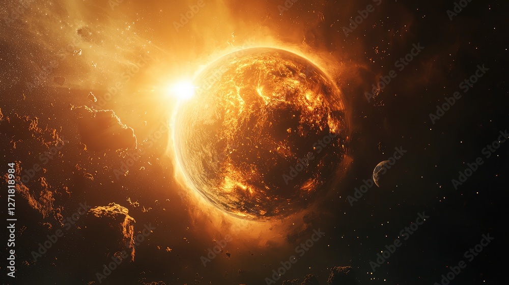 Obraz premium Fiery planet shines brightly within a vast and dark cosmos