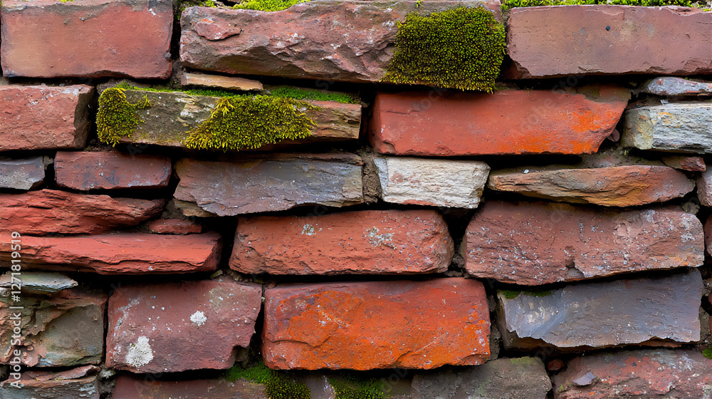 weathered red brick with moss growth weathered red brick with moss growth