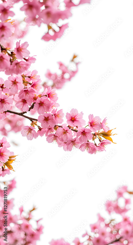 custom made wallpaper toronto digitalPink cherry blossom branch blooming on a white background with copy space, creating a delicate and elegant spring design.