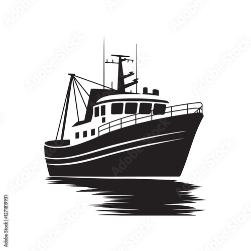 Fishing trawler, black and white illustration,  detailed silhouette, commercial fishing boat
