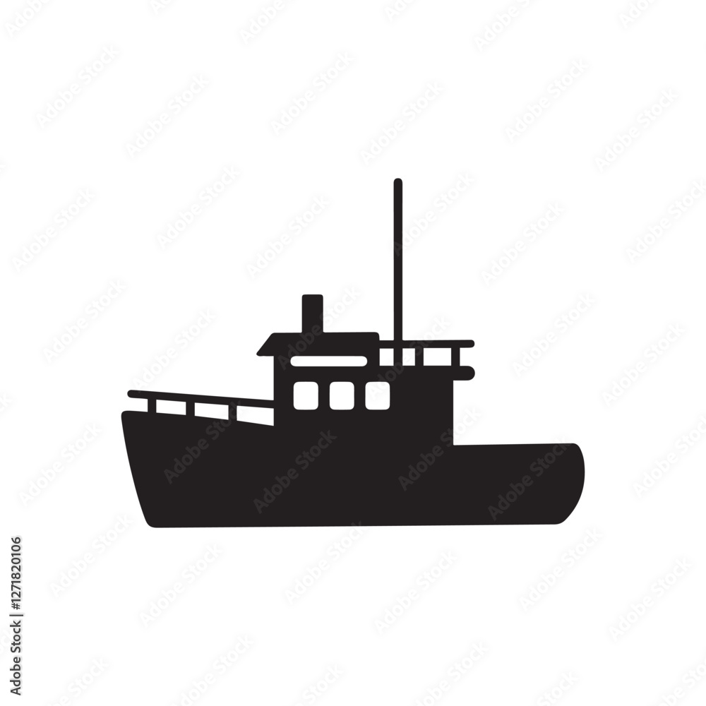 Obraz premium Fishing trawler, black and white illustration, detailed silhouette, commercial fishing boat