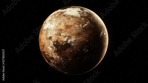 Brown textured planet against a dark star filled backdrop