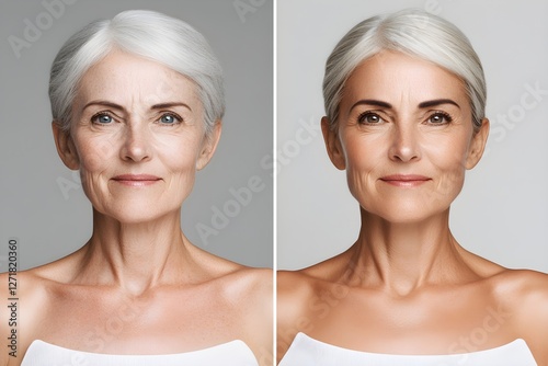 Senior woman before and after photo retouching. Aging gracefully concept. Beauty industry for older women. Aging and skincare comparison image.