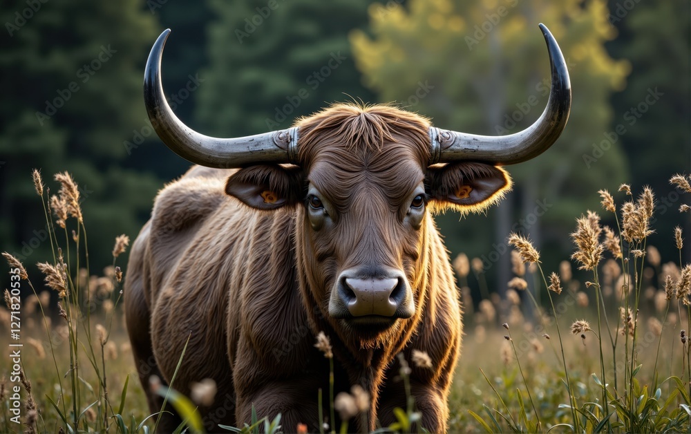 Naklejka premium Brown Bull in Field with Metallic Horn Covers