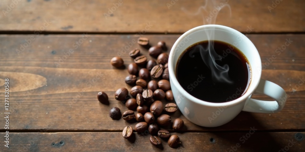Aromatic Dark Coffee Brew Steaming in a White Mug Beside Roasted Coffee Beans on a Rustic Wooden Surface Aromatic Dark Coffee Brew Steaming in a White Mug Beside Roasted Coffee Beans on a Rustic Wooden Surface