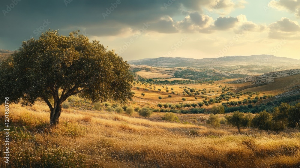 A stunning landscape of Palestine featuring rolling hills and ancient olive trees A stunning landscape of Palestine featuring rolling hills and ancient olive trees