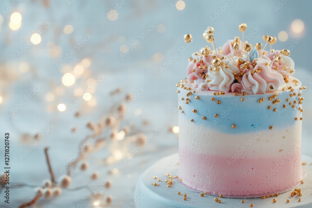 Colorful layer cake with pink and blue frosting, decorated with flowers and shining beads for a festive celebration. Generative AI