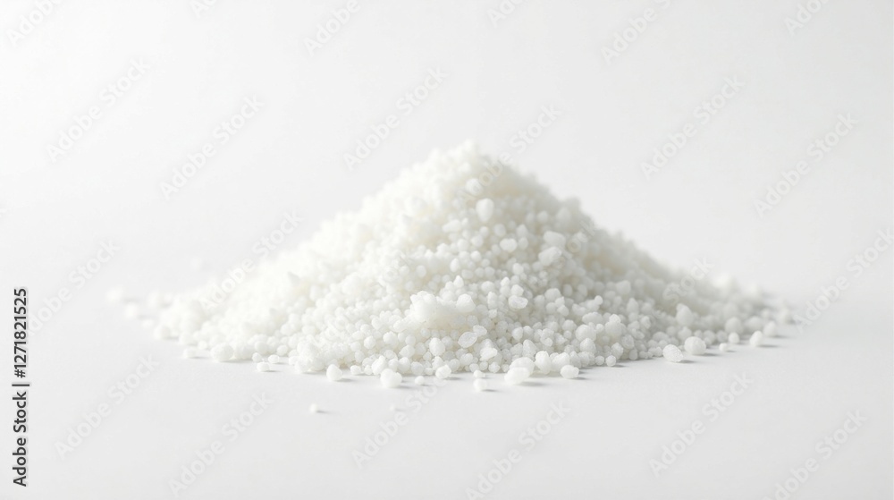 A Close-Up View of a Small Pile of Tiny White Granules on a Plain White Surface A Close-Up View of a Small Pile of Tiny White Granules on a Plain White Surface