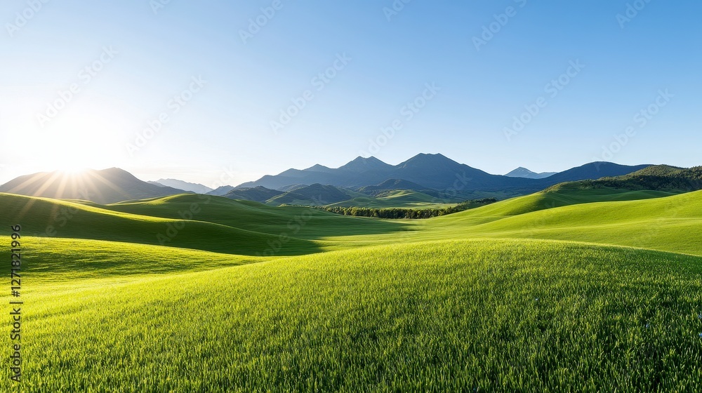 Naklejka premium Picturesque Fields Under A Clear Sky With Rolling Hills And Distant Mountains