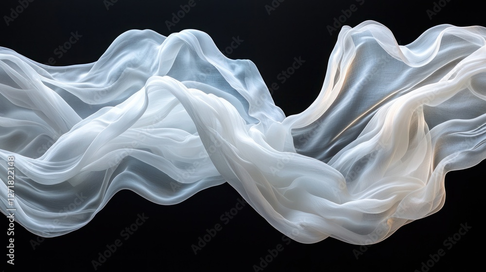 Fototapeta premium Flowing white fabric draped against a black backdrop