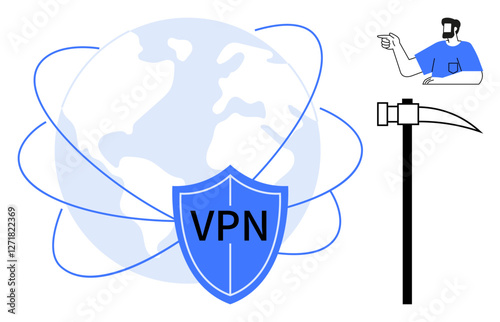 VPN shield over a globe, attacker figure wearing a mask pointing, and hammer icon. Ideal for cybersecurity, internet safety, data protection, privacy, network security, hacking prevention online