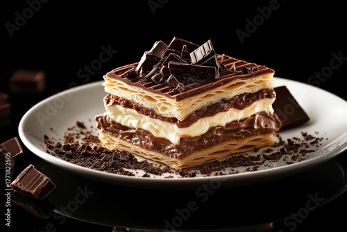 Mille-feuille variation made with chocolate cream filling and caramelized puff pastry, beautifully plated with chocolate shavings.