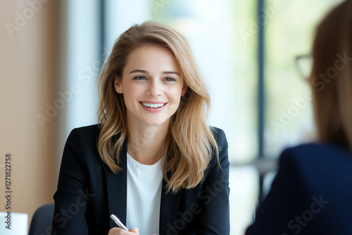 happy young businesswoman smiles during meeting, showcasing confidence and professionalism. bright office setting enhances positive atmosphere