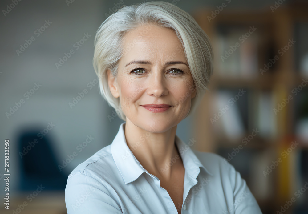 Fototapeta premium Confident senior woman with short gray hair in casual shirt, smiling warmly. She exudes happiness and self assurance in modern indoor setting