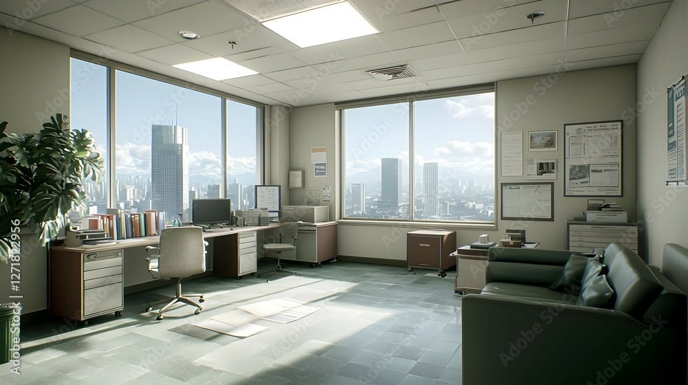 Fototapeta premium Modern Office with City View and Sunlight