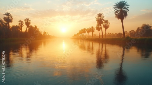 Sunrise over Nile River, palm trees, Egypt