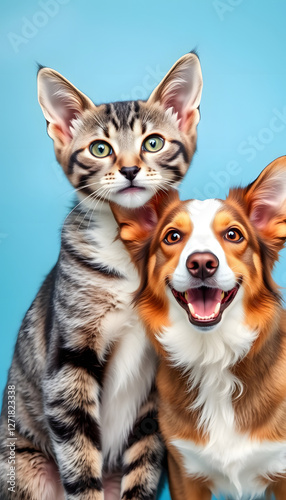 Wallpaper Mural Grey striped tabby cat and a border collie dog with happy expression together on blue background, banner framed, looking at the camera. White tone Torontodigital.ca