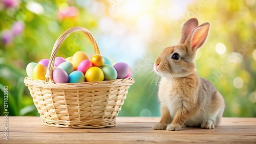 Easter Bunny with Basket of Eggs - Spring Holiday Stock Photo