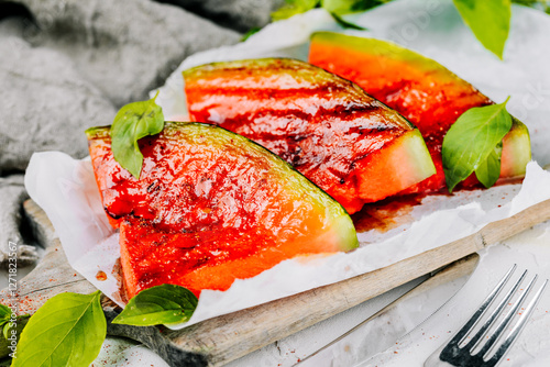 Sweet toasted watermelon with red pepper and mint