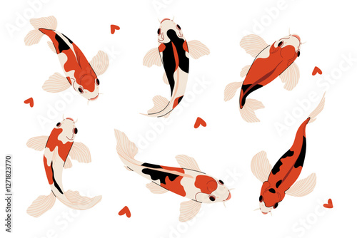 Koi carp fish set. Minimal koifish icons, colorful cartoon oriental carps decorative elements for print design, flat underwater characters. Vector collection