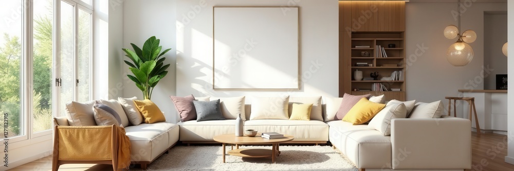 Fototapeta premium Bright living room with blank canvas, modern decor, white wall, contemporary, texture