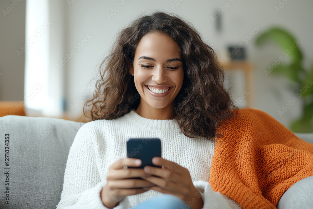 happy woman with curly hair smiles while using smartphone in cozy living room. warm atmosphere is enhanced by soft blanket and indoor plants happy woman with curly hair smiles while using smartphone in cozy living room. warm atmosphere is enhanced by soft blanket and indoor plants