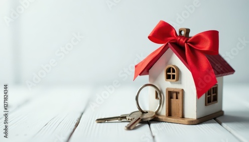 Charming keychain house, keys, red bow, gift, white wood backdrop, property, rustic, keys