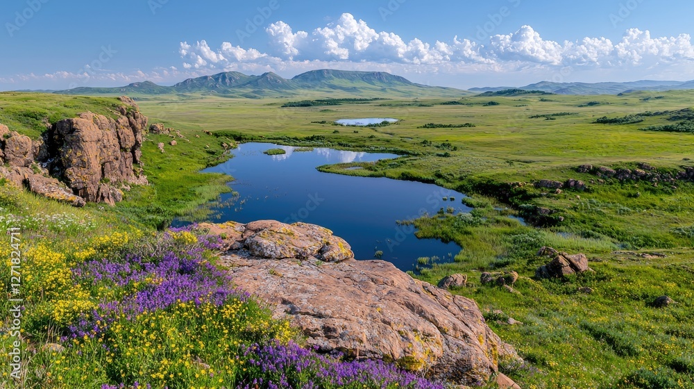 Obraz premium Scenic blue lake nestled in green grassy hills with wildflowers and rocky outcrops under a sunny sky.