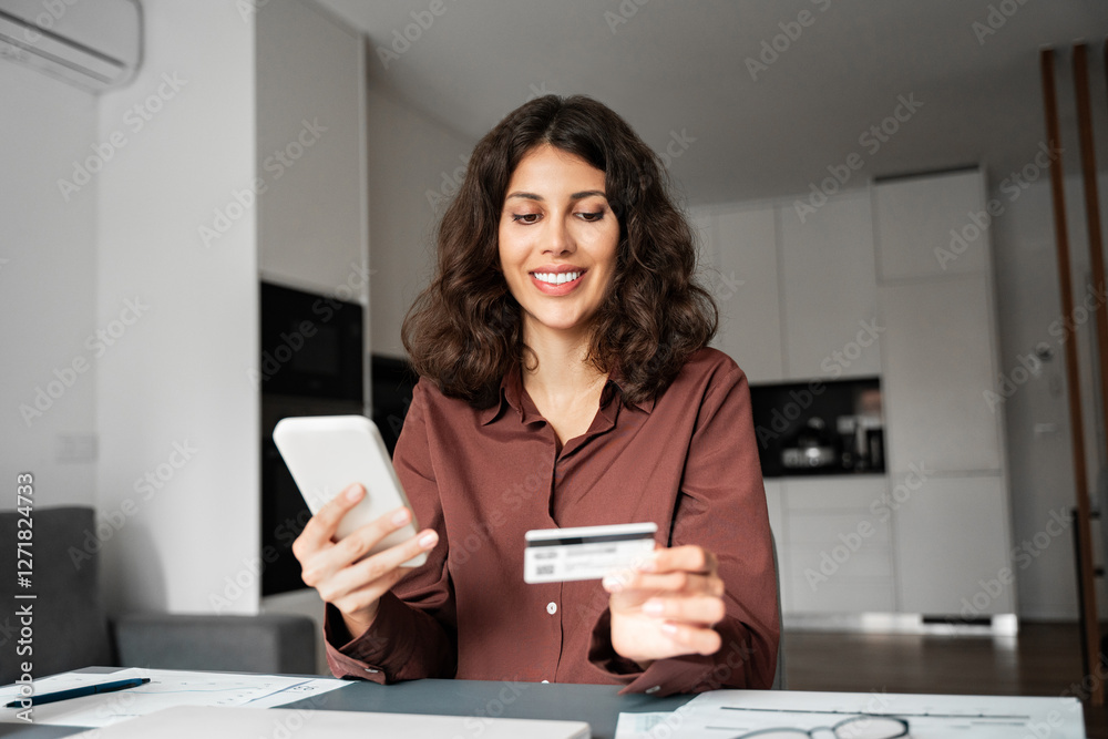 Young business freelance woman using cellphone smartphone financial money app credit debit card for online shopping sitting at home. Latin businesswoman freelancer female paying utility bills by phone Young business freelance woman using cellphone smartphone financial money app credit debit card for online shopping sitting at home. Latin businesswoman freelancer female paying utility bills by phone