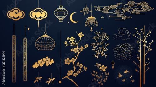 Wallpaper Mural Asia elements. Chinese festive decor gold floral patterns and ornament, lanterns, clouds and moon, flowers sakura branch oriental vector set. Japanese decoration symbols as bamboo and branches Torontodigital.ca