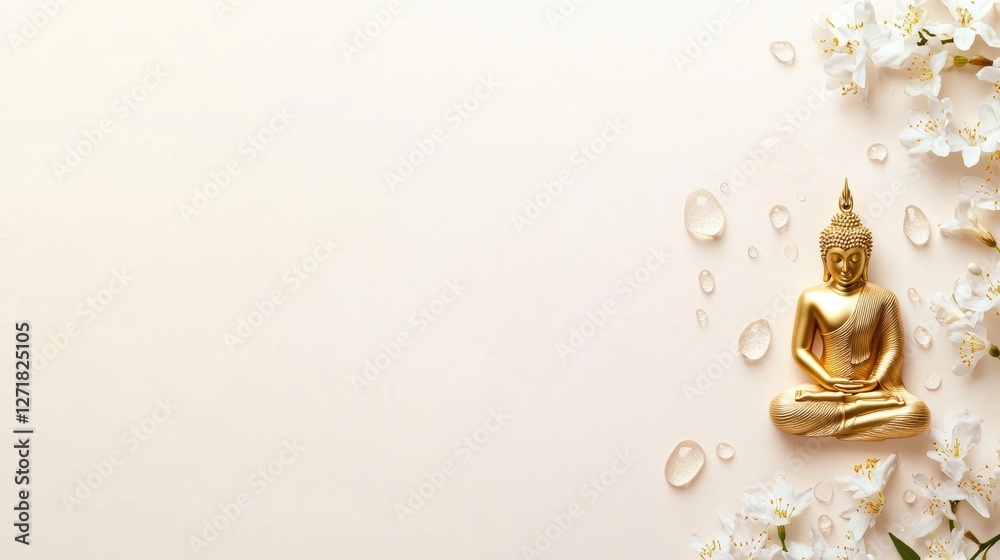 festival postcard template, minimalistic songkran postcard with a golden buddha silhouette, water splashes, and jasmine flowers on pastel gradient blank right side for text festival postcard template, minimalistic songkran postcard with a golden buddha silhouette, water splashes, and jasmine flowers on pastel gradient blank right side for text