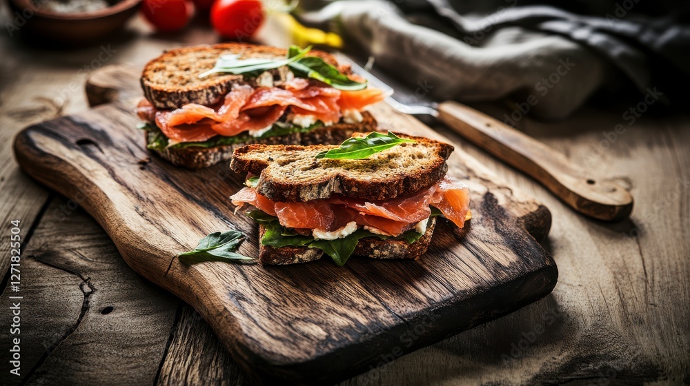 Scrumptious Smoked Salmon Sandwiches on a Rustic Wooden Board - A Delightful Culinary Experience Scrumptious Smoked Salmon Sandwiches on a Rustic Wooden Board - A Delightful Culinary Experience