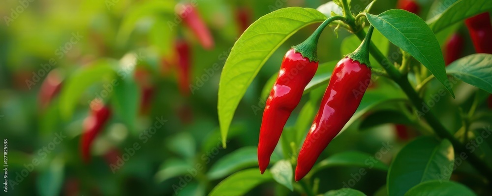 Close-up view of numerous cayenne pepper plants laden with ripe, red chilies , vegetable, red, harvest Close-up view of numerous cayenne pepper plants laden with ripe, red chilies , vegetable, red, harvest