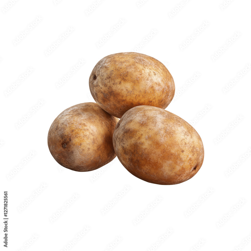 Close-up of three fresh potatoes. Brown, unpeeled and healthy root vegetables are ideal for cooking and culinary dishes, transparent background Close-up of three fresh potatoes. Brown, unpeeled and healthy root vegetables are ideal for cooking and culinary dishes, transparent background