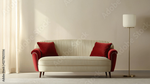 Elegant Art Deco style living room with cream sofa and red cushions, complemented by tall floor lamp. room features soft lighting and minimalist design, creating cozy atmosphere
