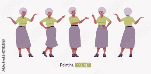 Senior woman, african american old lady, kind grandmother pointing, show set. Experienced grandma, grey hair, older elegant nice granny, elderly person care. Vector flat style cartoon illustration