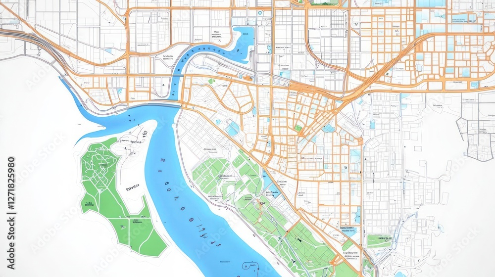 Fototapeta premium Detailed City Map with River and Green Spaces