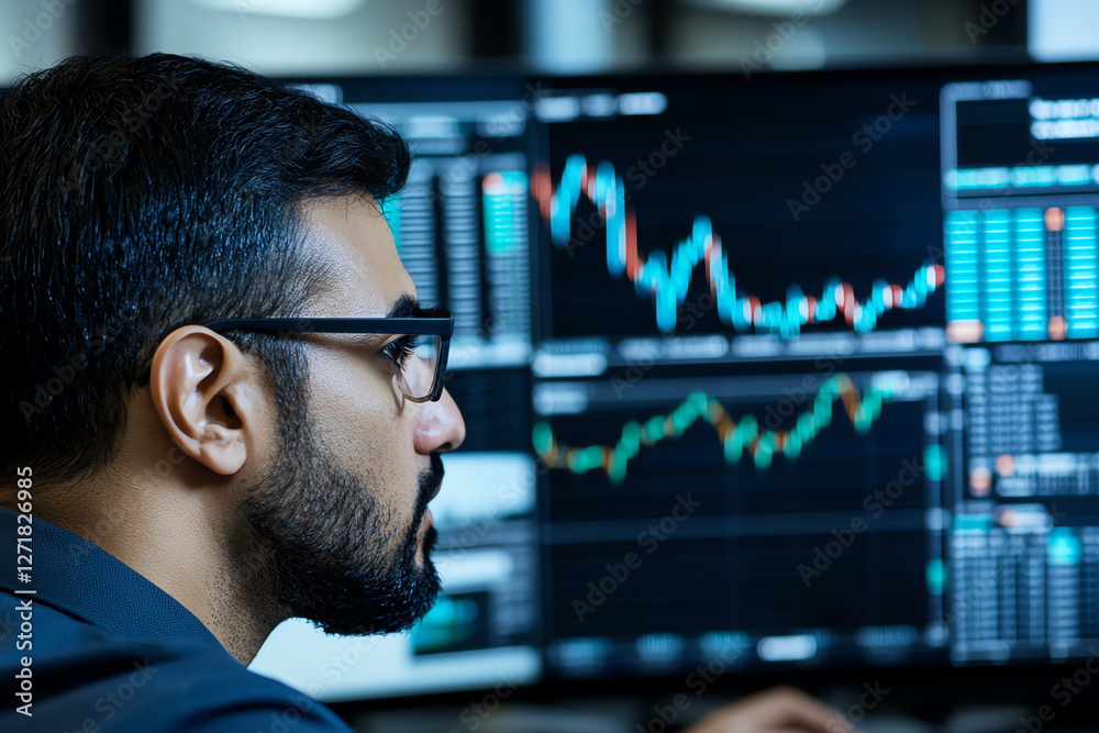 focused businessman analyzes stock market data on multiple screens, showcasing financial trends and graphs. His concentration reflects dynamic nature of trading focused businessman analyzes stock market data on multiple screens, showcasing financial trends and graphs. His concentration reflects dynamic nature of trading