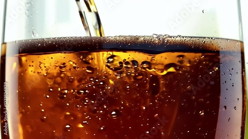 A 4K ultrahd background video featuring close tasty glass sparkling soft drink showcasing sparkles bubbles sweet carbonated cola water
