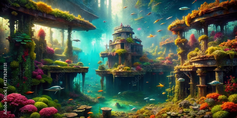 Obraz premium Eerie Underwater Ruins: Sunken Cityscape with Aquatic Plants and Debris
