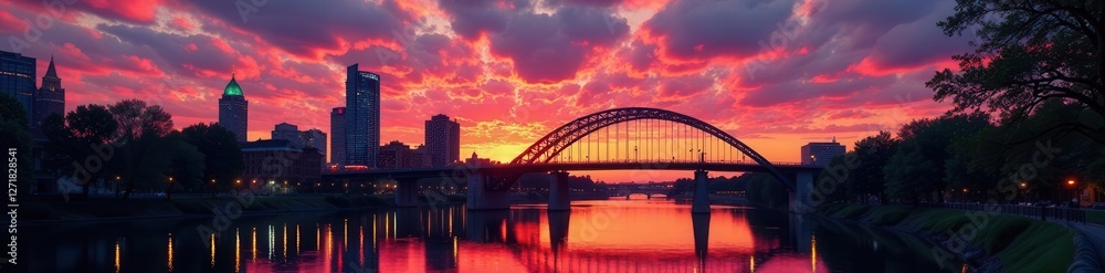 Naklejka premium Dramatic Minneapolis dusk; Stone Arch Bridge silhouette against vibrant sky , river, sunset, evening