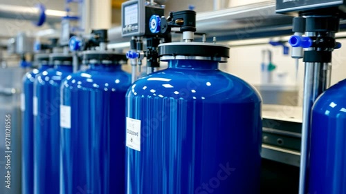 Blue filtration tanks in industrial water purification facility