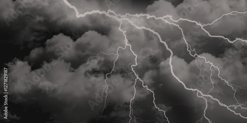 Thunder, lightnings and rain on a stormy summer night in black and white. 