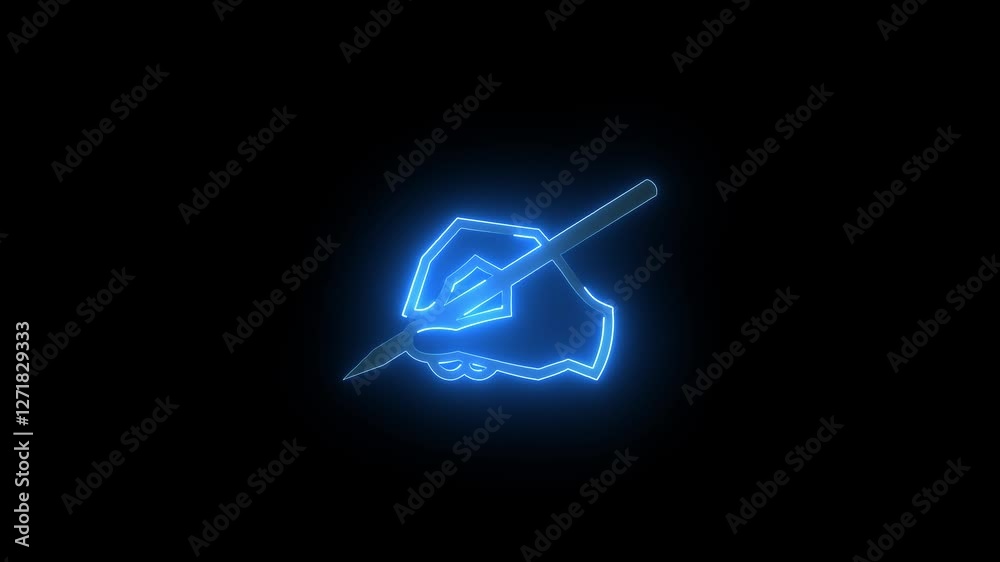 Abstract neon line right hand with pen icon saber animation. Pen and Hand concept video.
