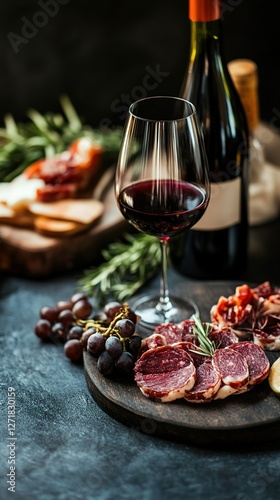 Fototapeta Naklejka Na Ścianę i Meble -  Ai generated glass of red wine accompanying spanish tapas with sausage, cheese, grapes and rosemary