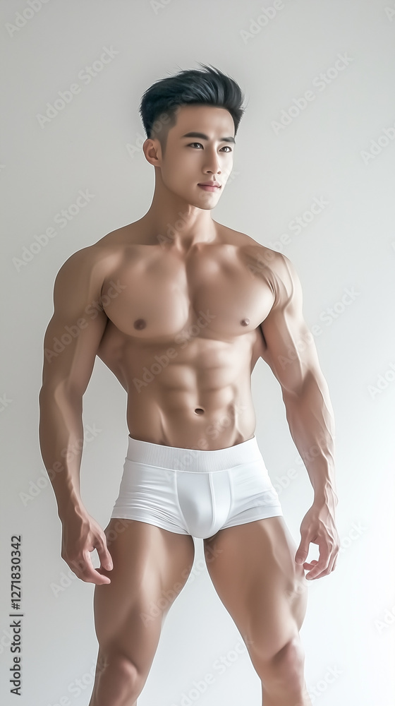 Fototapeta premium Athletic Asian Male Model Showcasing Elegance
